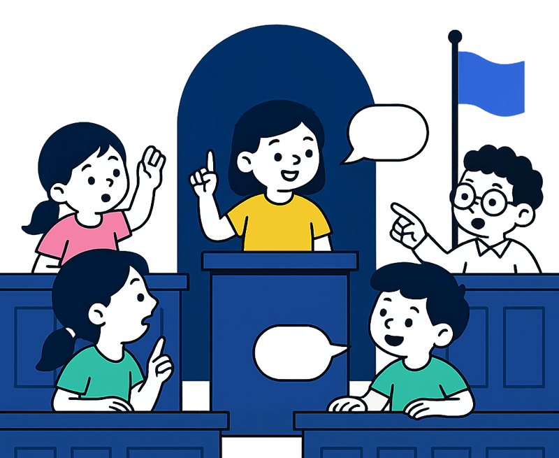 Illustration d’enfants discutant dans une assemblée pour la Semaine de la démocratie.