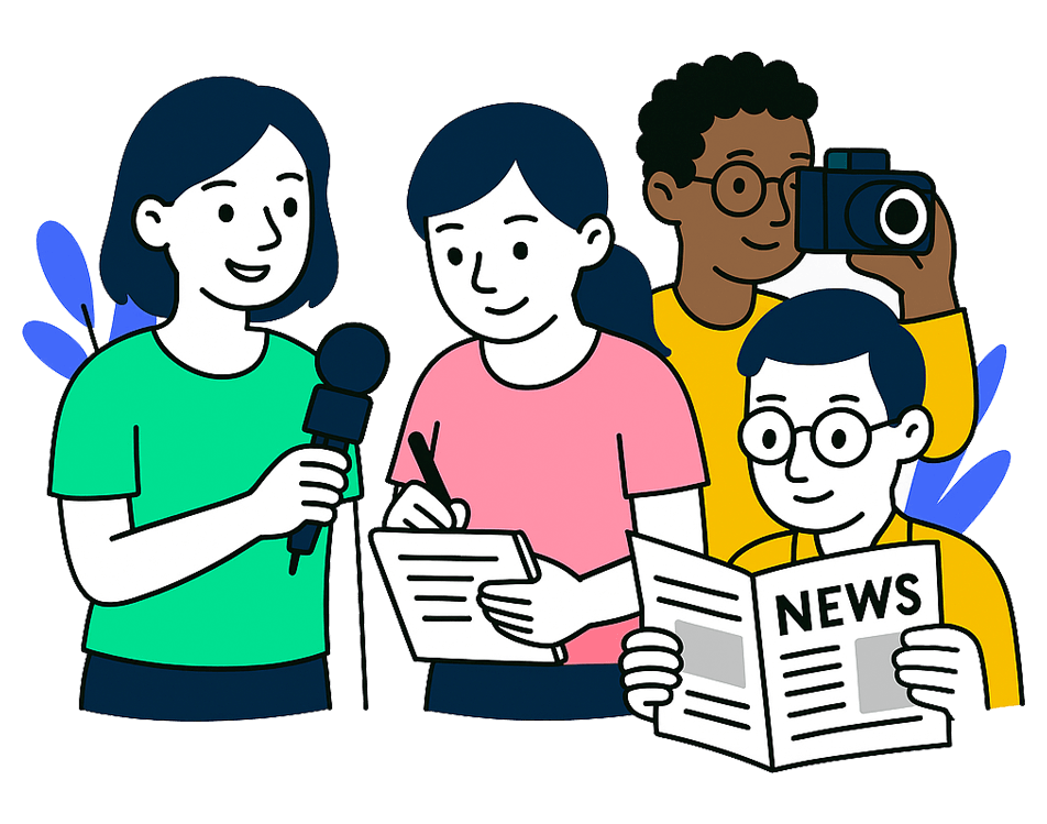 Groupe de personnes travaillant dans les médias : une journaliste avec un micro, une rédactrice, un photographe et un lecteur de journal.