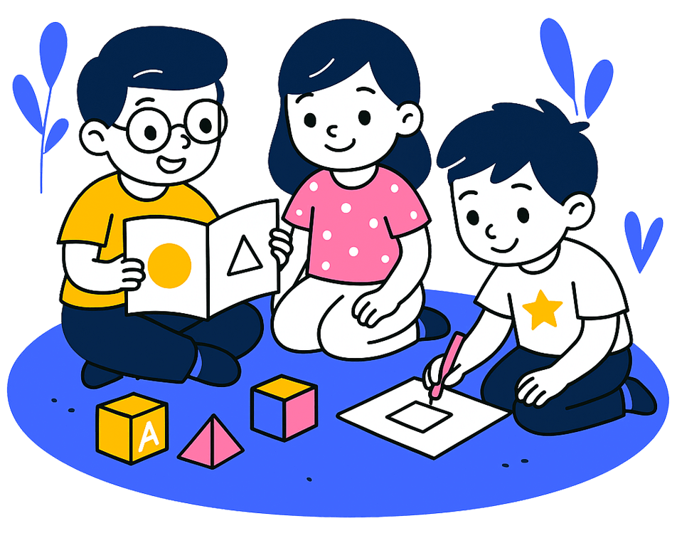 Trois enfants apprennent ensemble en jouant avec des formes géométriques et des cubes colorés.