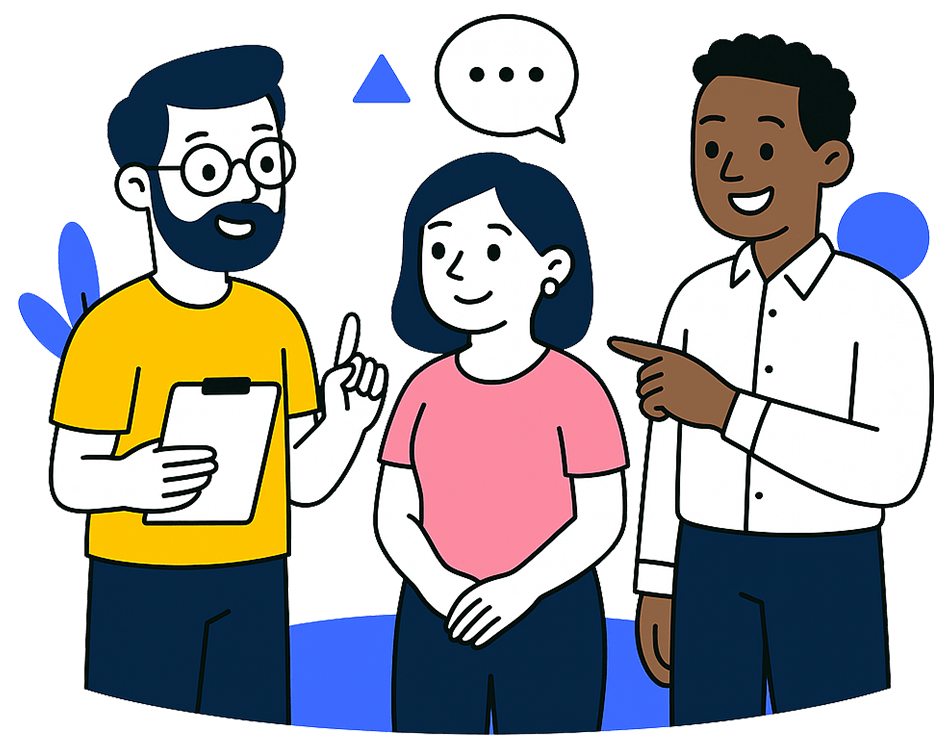 Trois adultes discutant ensemble, l’un tenant un bloc-notes, les deux autres échangeant avec le sourire.
