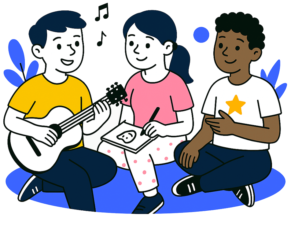 Trois jeunes assis ensemble, l’un joue de la guitare, un autre dessine et le troisième écoute en souriant.